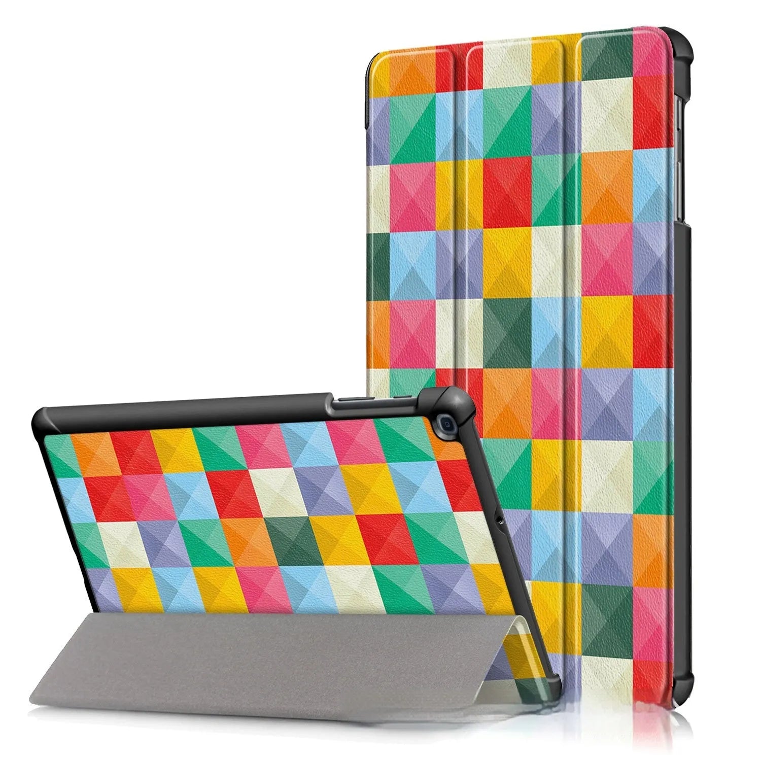 Plastic tri-fold flip cover for Samsung tablet showing cartoon and simple design options