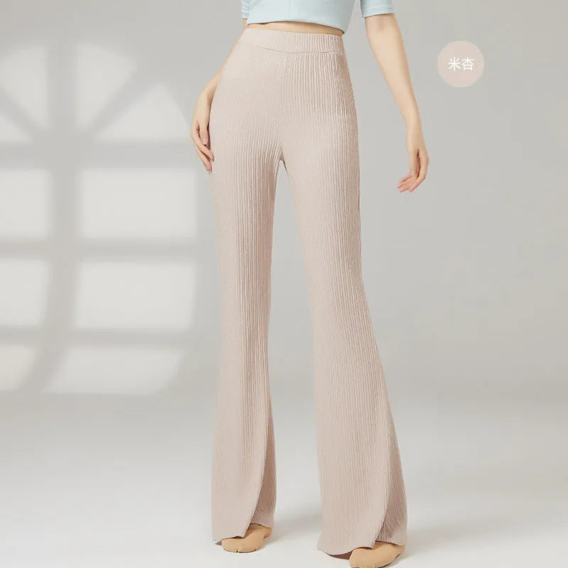 Female classical dance practice pants in polyester fabric showing five colour options including beige apricot and taro purple