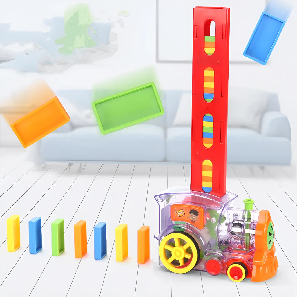 Orange ABS electric domino car toy with automatic launcher on track