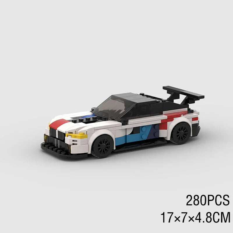 BMW M8 GTE building block car model kit assembled on a flat surface, showing 17cm length and plastic construction