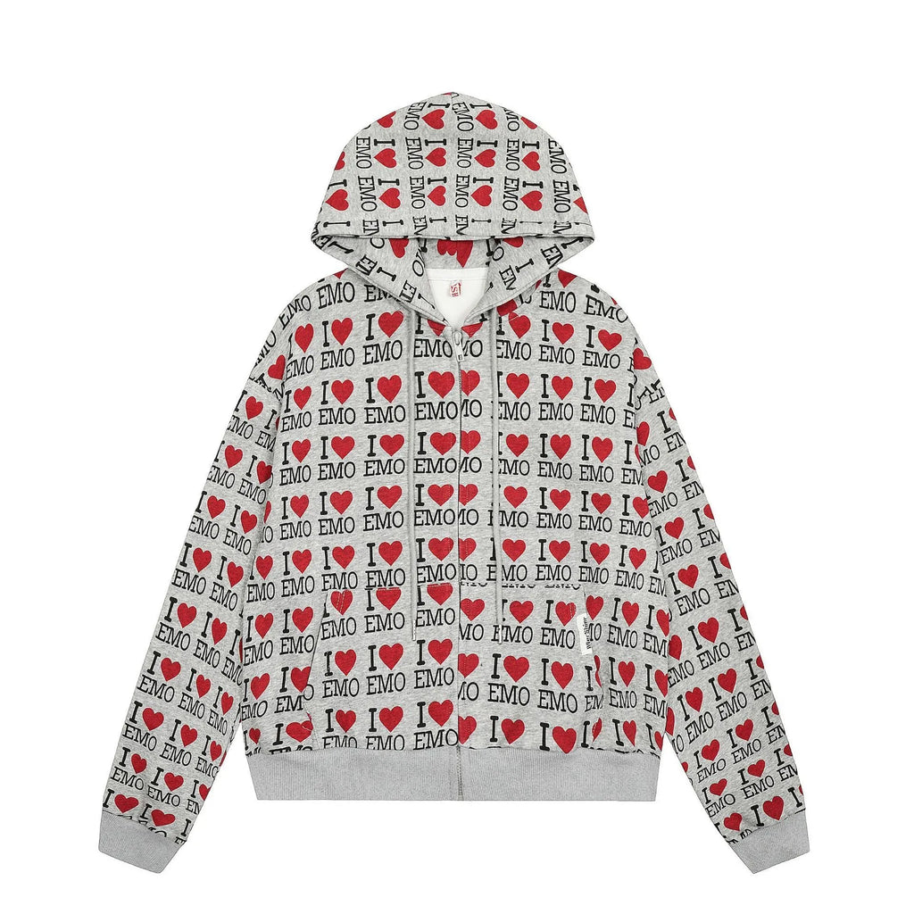 Women's melange grey retro pattern hooded cardigan with long sleeves in cotton blend fabric