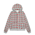 Women's melange grey retro pattern hooded cardigan with long sleeves in cotton blend fabric