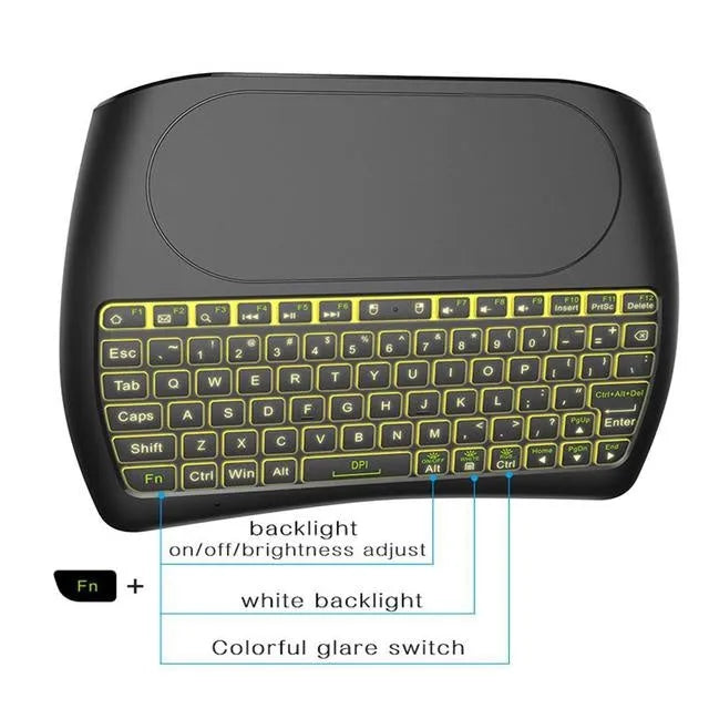 Black D8 Pro 78-key mini wireless keyboard with integrated touchpad and USB adapter.