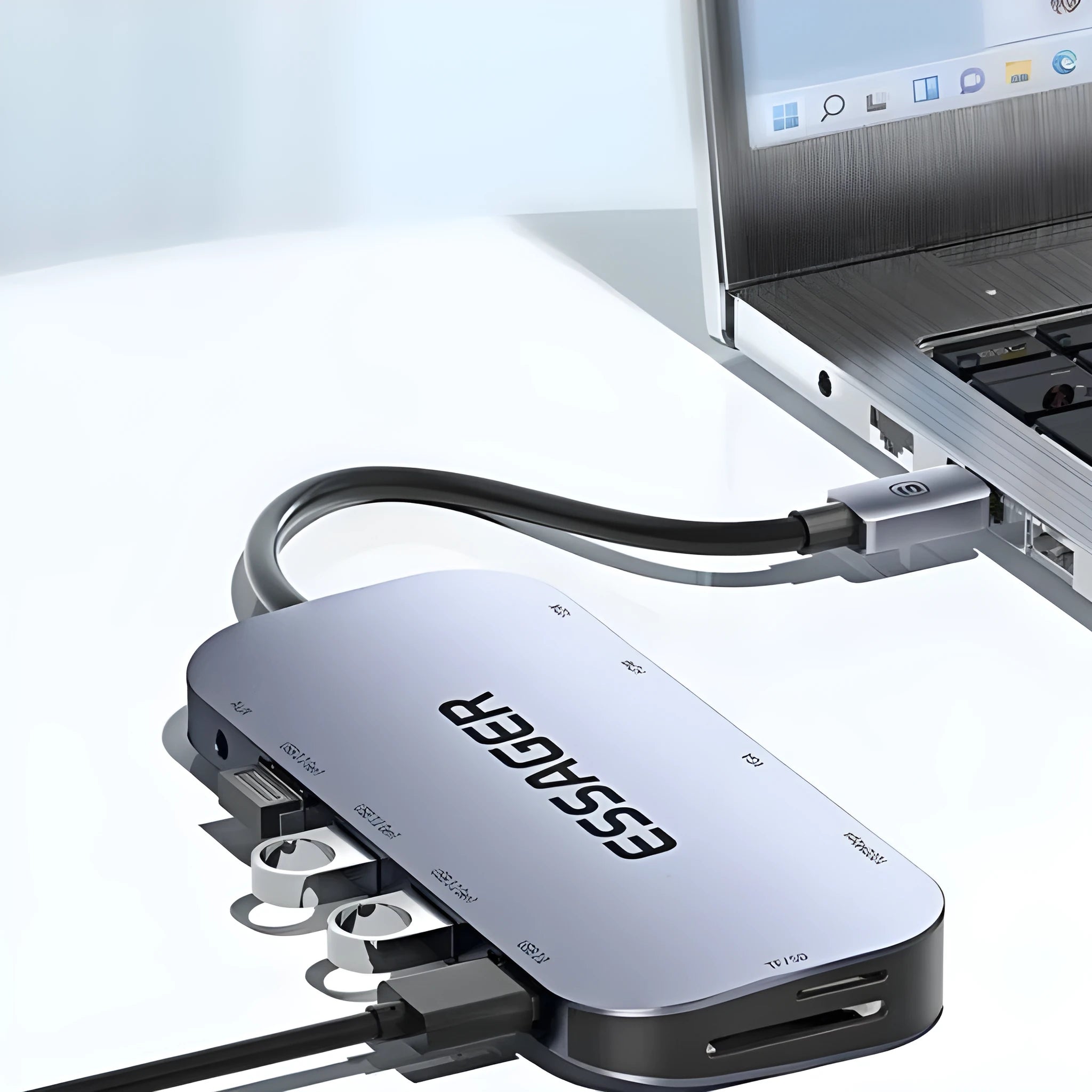 Silver 11-in-1 USB-C expansion hub with Gigabit Ethernet, HDMI, USB ports, and a 20cm attached cable.
