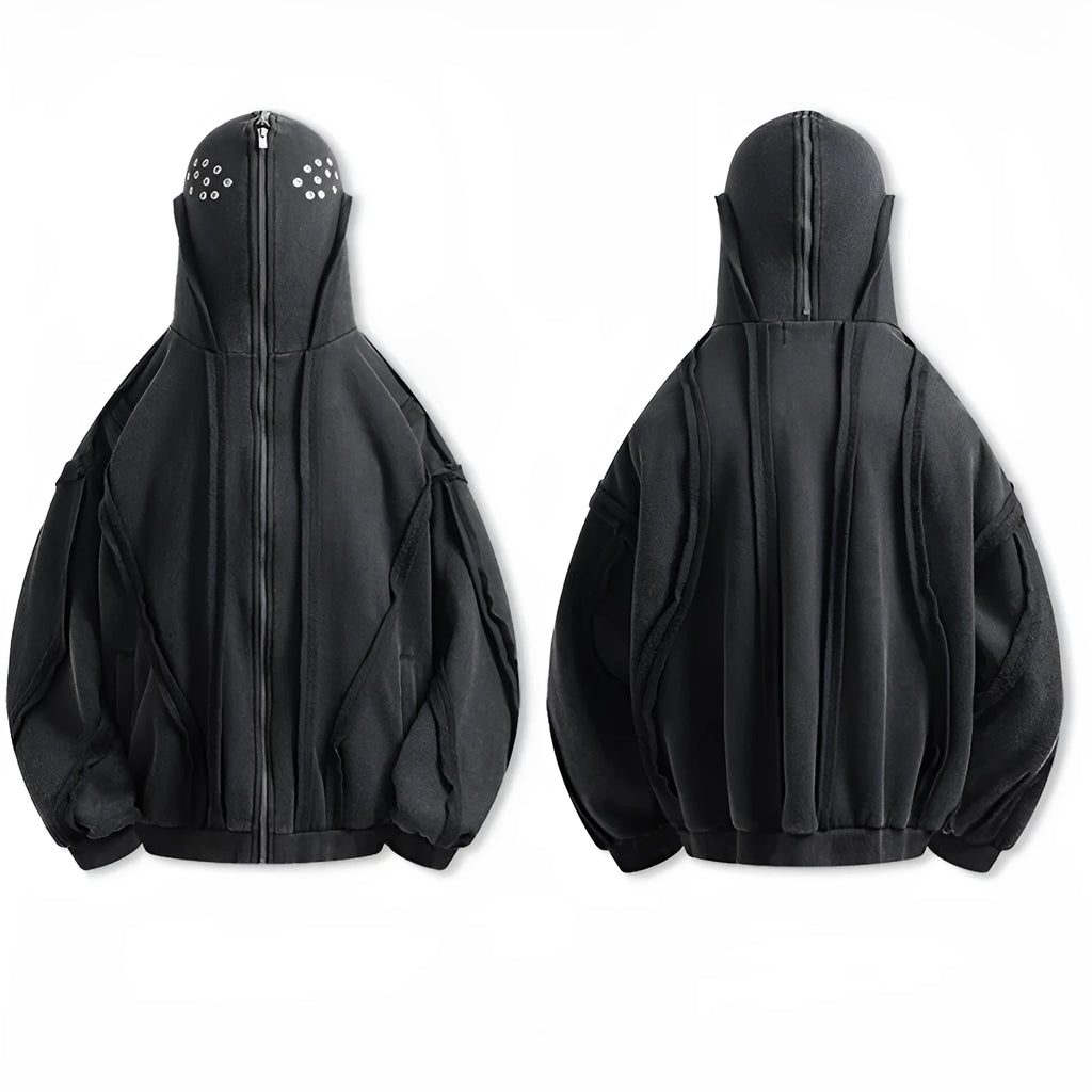 Black retro-style men's cotton padded coat with a zip front and hood on a loose fit.