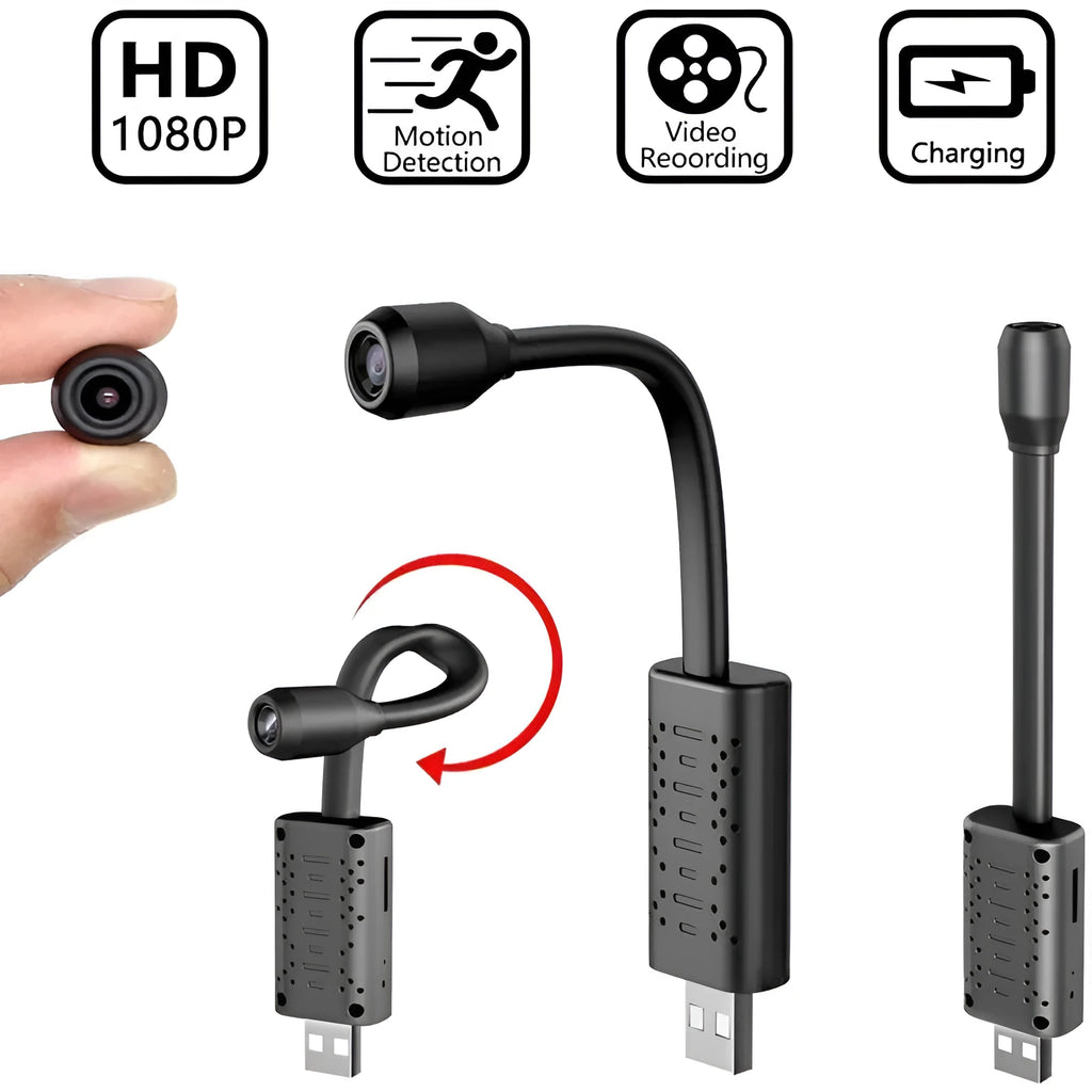 Black V380 wireless USB security camera with compact design for microSD card storage.