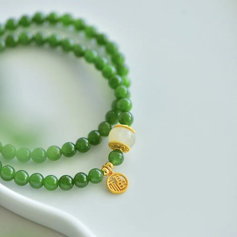 Women's double circle Hetian jade bracelet with geometric shape and fu character