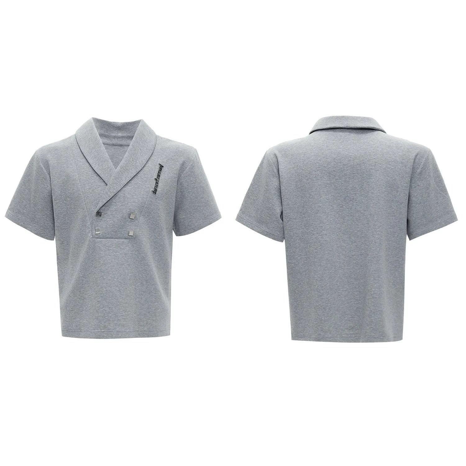 Men's dark grey cotton sports suit with V-neck short sleeve top, padded shoulders, metal embellishments, and matching shorts.