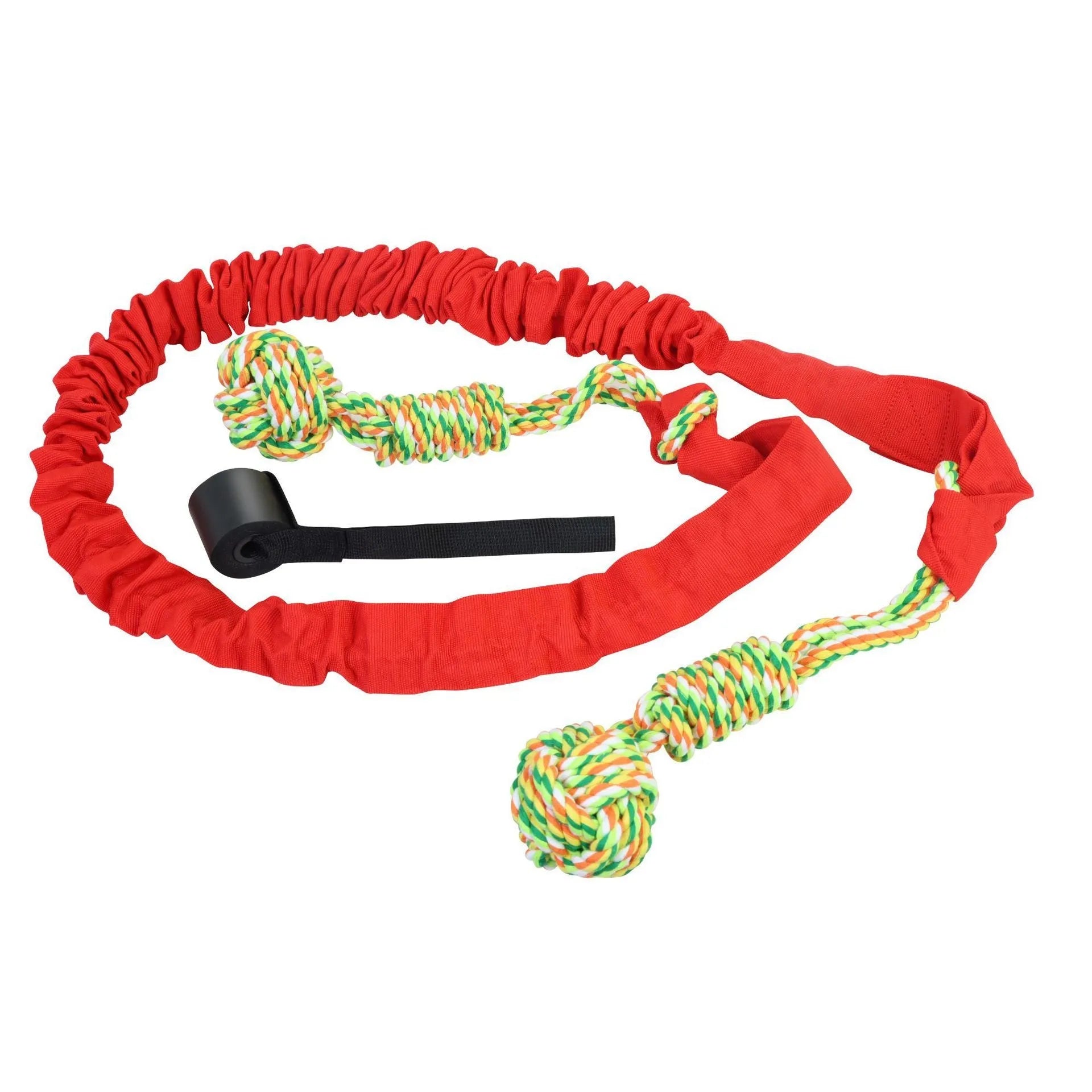Long black cotton rope dog tug toy for chewing and interactive play.
