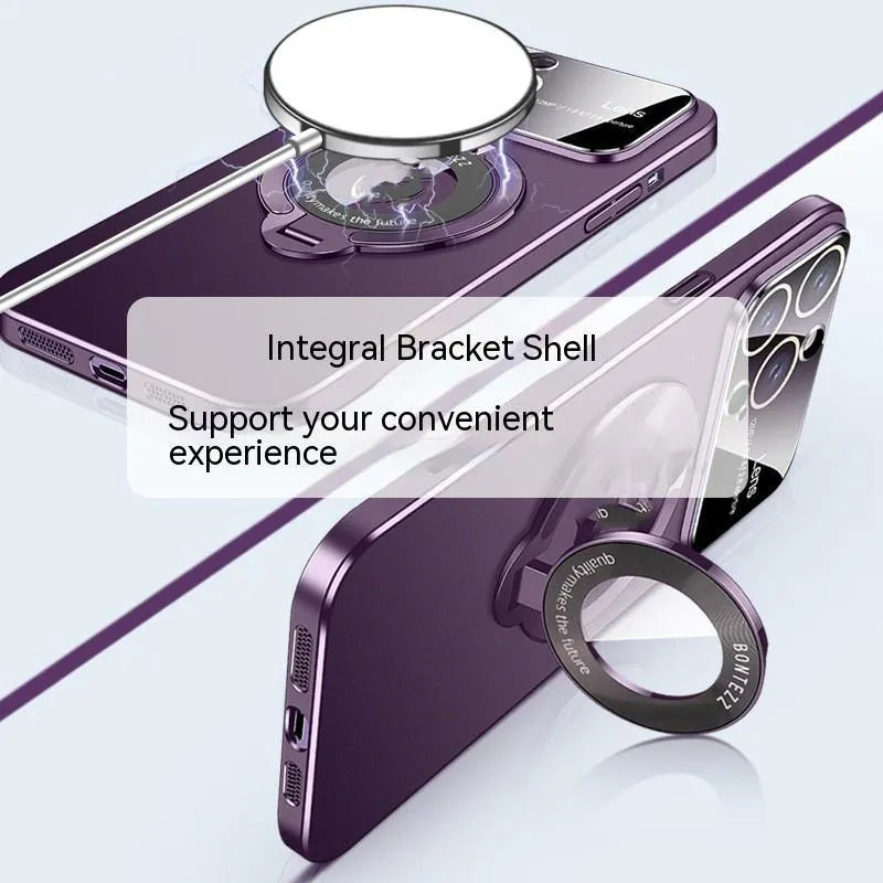 Dark purple iPhone magnetic phone case with invisible bracket and large window design on iPhone 14 Pro