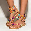 Ethnic beaded petal Roman sandals with artificial PU upper and floral decorations