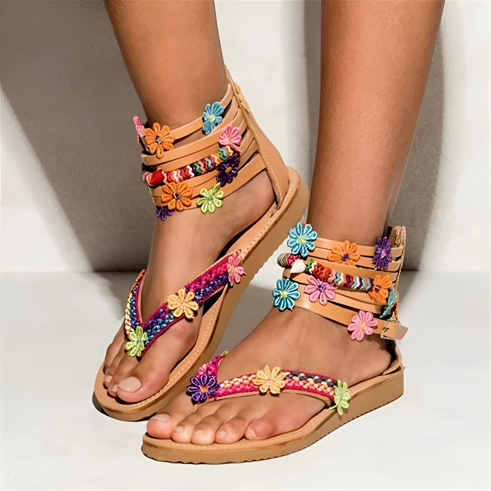 Ethnic beaded petal Roman sandals with artificial PU upper and floral decorations