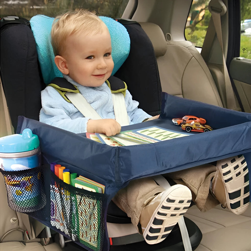 Vehicle-mounted waterproof children's toy table tray in polyester fibre with car seat attachment