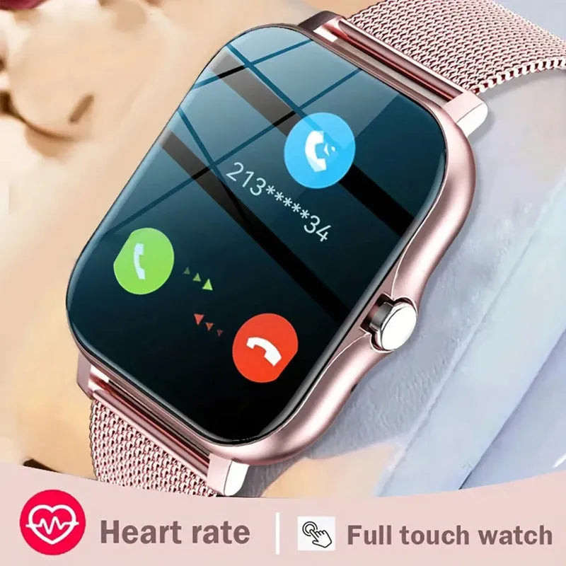 A smart watch with a large 144-inch touch screen and a silicone strap, shown on a wrist.