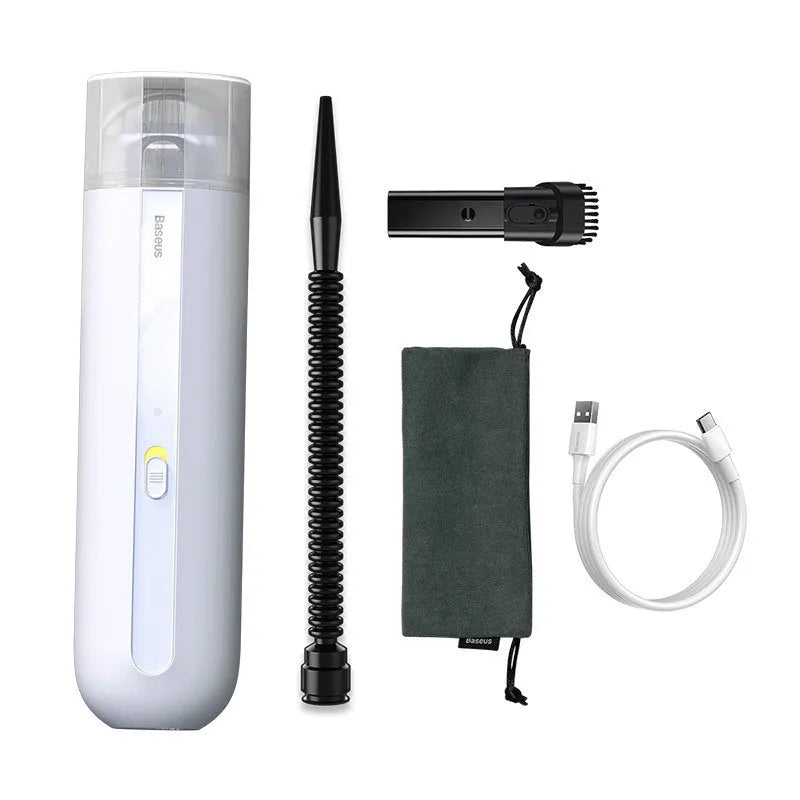 Baseus handheld cordless car vacuum cleaner with blowing hose, shown in black next to its 60ml dust cup.