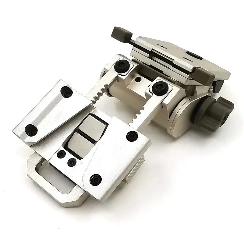 CNC aluminium dumper bracket for tactical helmet in black, brown, and silver finishes next to a helmet rail.