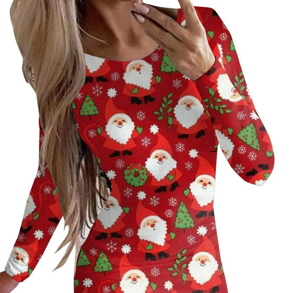 Red Christmas dress with animal print pattern, round neck and long sleeves, shown in a fitted hip skirt style.