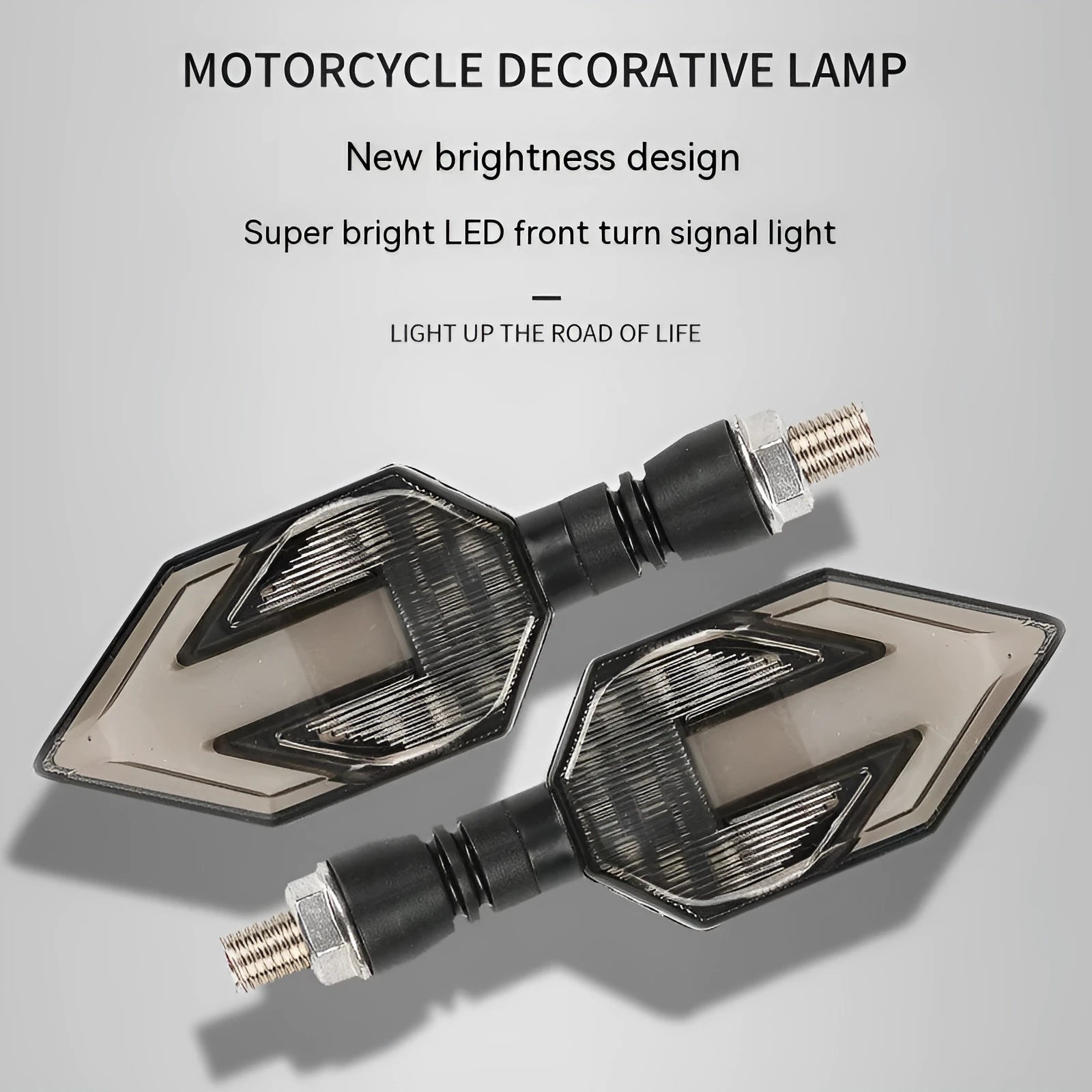 Arrow-shaped 12V LED motorcycle turn signal light in yellow with choice of blue, red, or white accent.