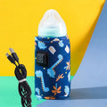 USB baby bottle warmer in a blue dinosaur patterned composite velvet insulating cover.