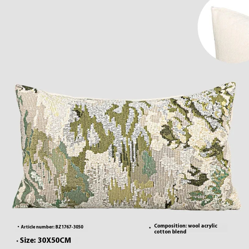 Antique green wool blend floral pillow in square and rectangular waist sizes.