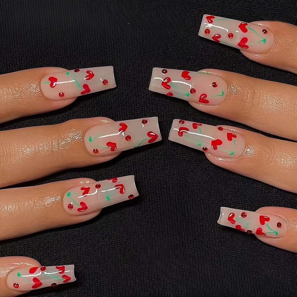 JP1601 style false nail appliqués with French manicure, red cherry and gold diamond designs, 24-piece pack with glue