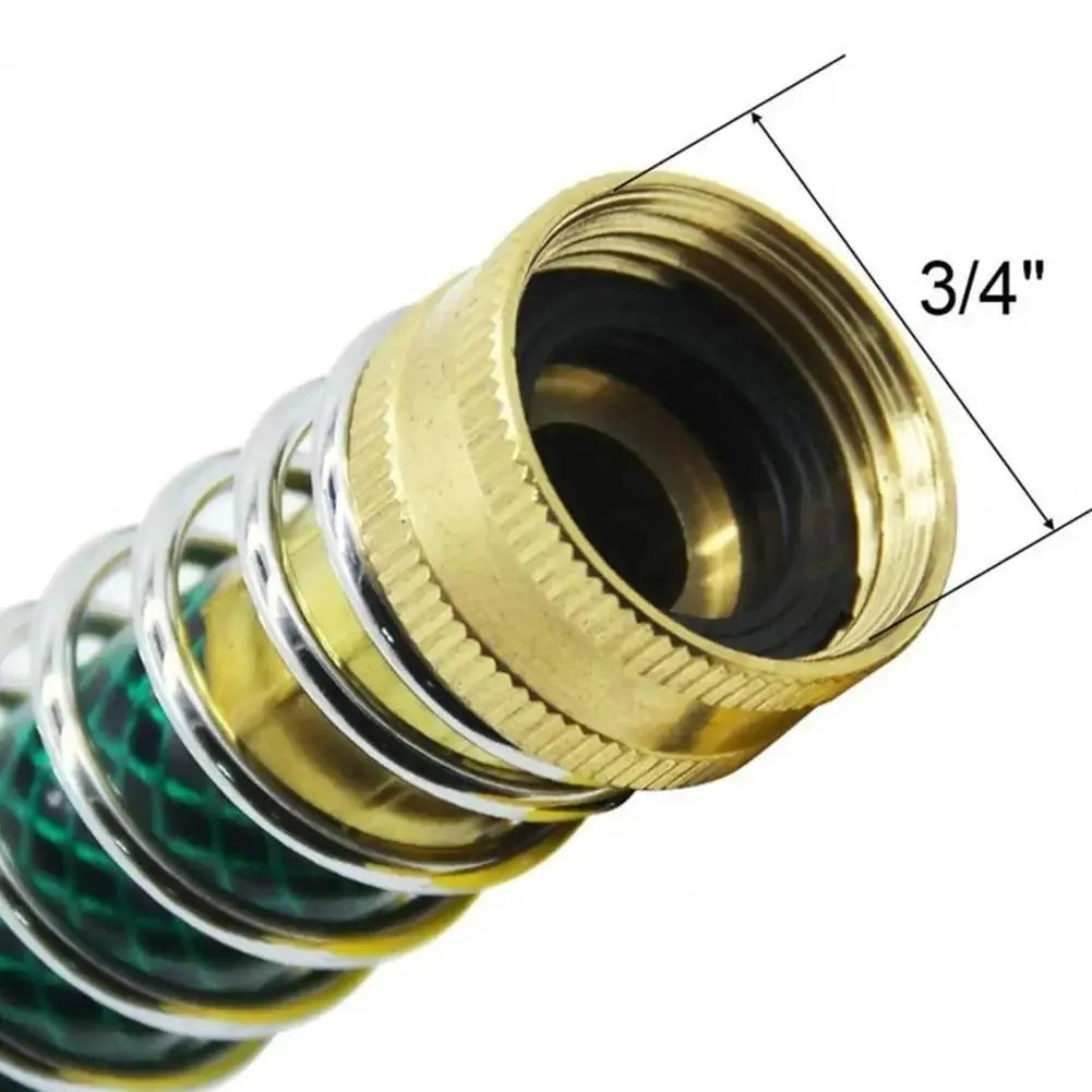 Brass garden hose connector with a visible metal spiral spring and 3/4 inch threaded connections.