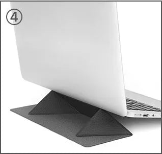 Blue portable laptop cooling bracket with foldable design on a wooden table.