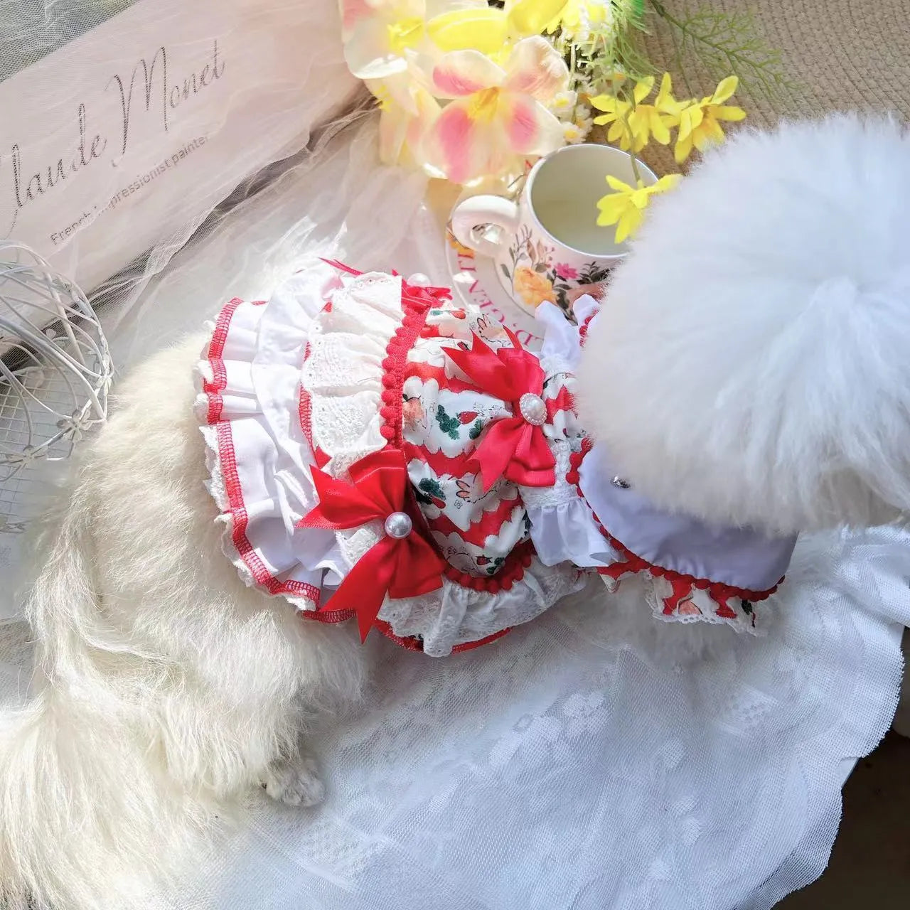 Princess style rabbit skirt dog dress in polyester on a small dog mannequin, showing the flared skirt design.