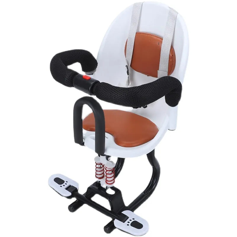 High carbon steel front safety seat for a child's battery scooter in black, red, or white