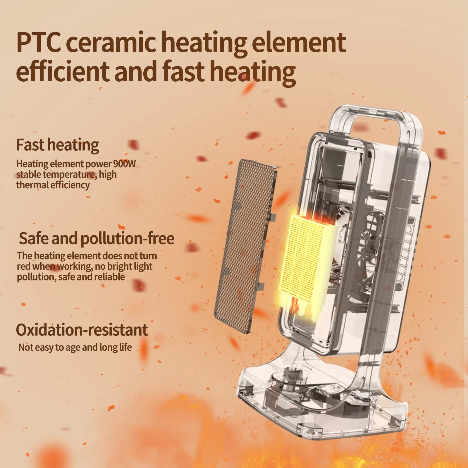 Black compact PTC ceramic desktop air heater with control knob on front