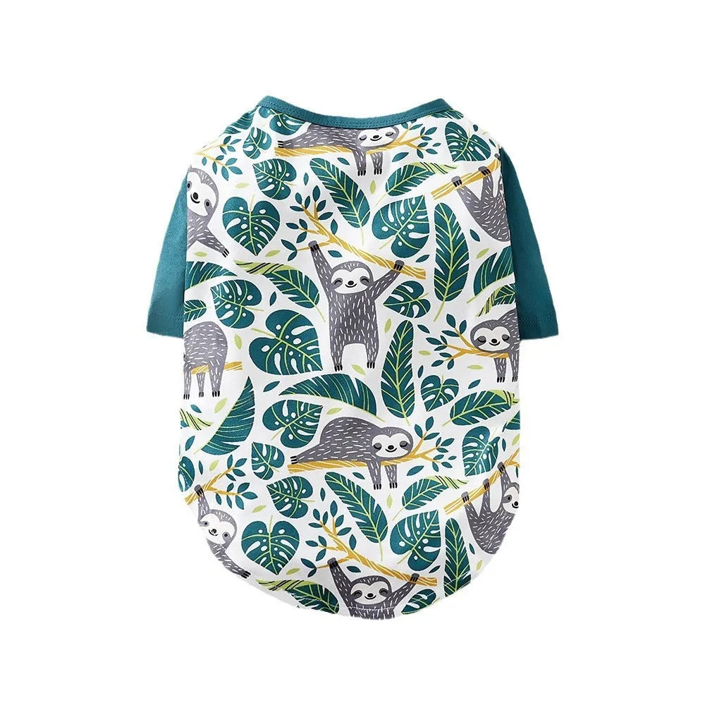 Small dog wearing a full printed casual t-shirt in one of the available colour options.