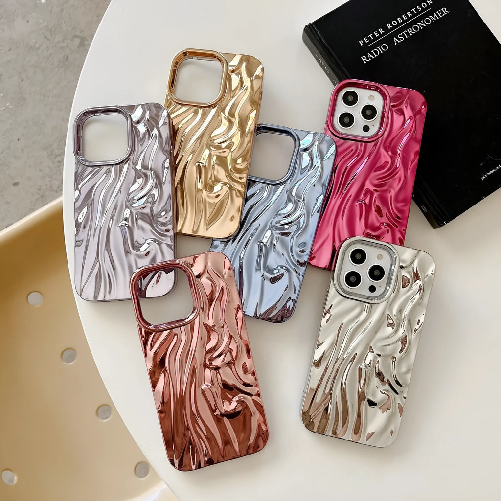 Three-dimensional pleated pattern soft phone case for iPhone with electroplated colour finish