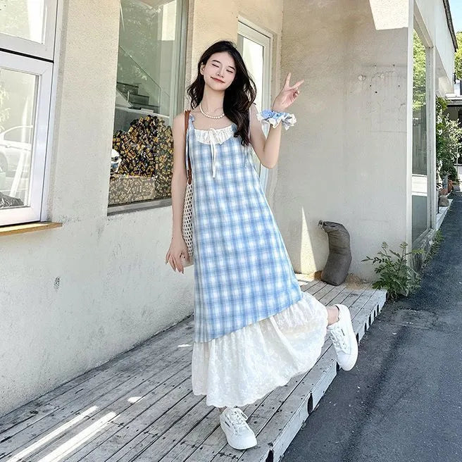 Loose patchwork plaid spaghetti strap sleeveless dress in blue for women