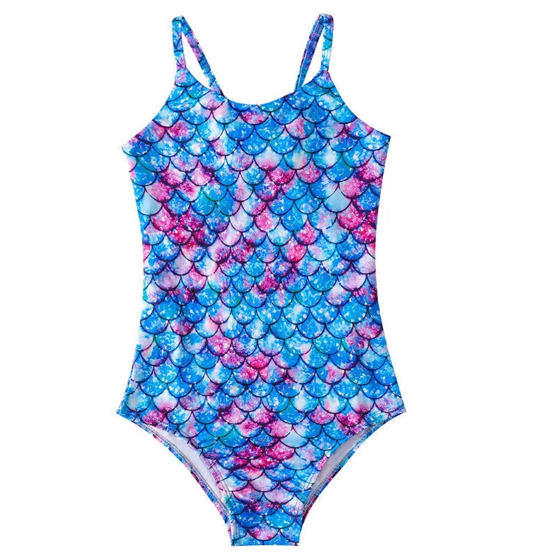 A girl wearing a turquoise mermaid one-piece swimsuit, showing the briefs style and high-elasticity fit.