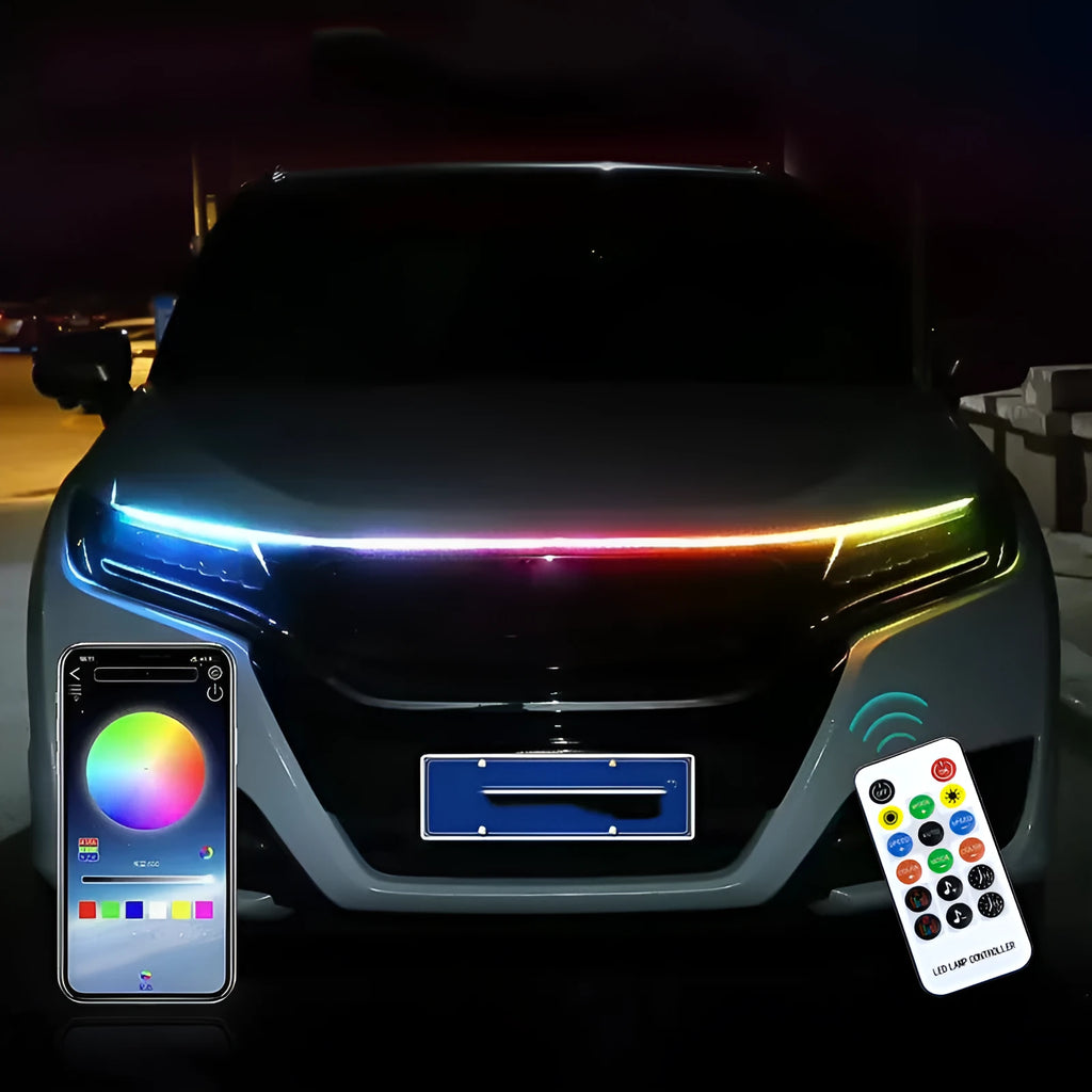 Flexible PVC LED light strip for automotive engine cover installation on General Motors cars.