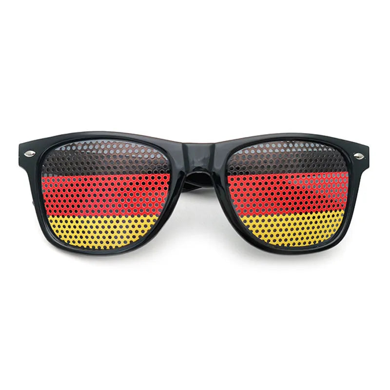 Black frame sunglasses with flag sticker design on lenses in various national colours for party gatherings