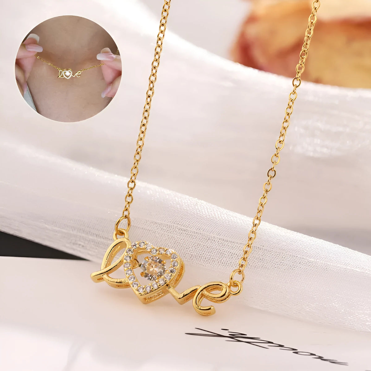 Gold titanium steel clavicle chain necklace with love pendant for women
