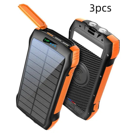 33500mAh portable solar power bank in black with plastic shell and LED light