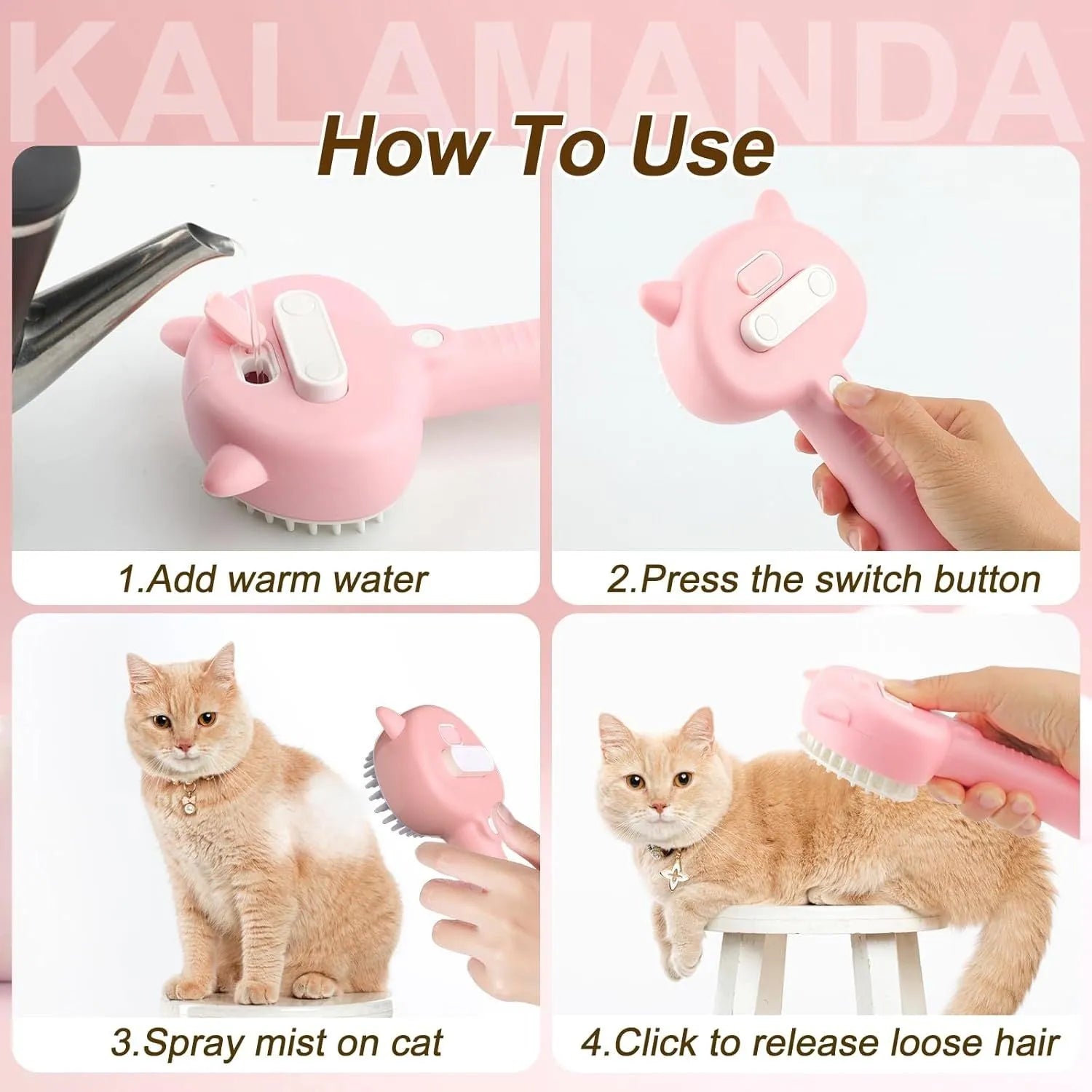 Cat ear-shaped steam grooming brush with blue handle and rubber bristles for pet hair removal