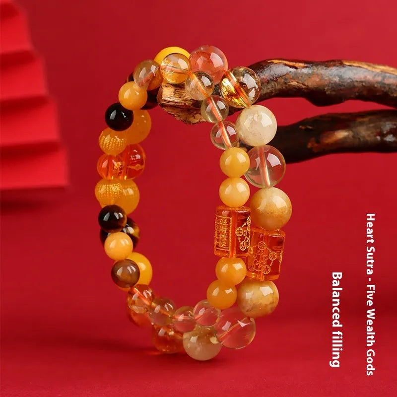 Five Elements natural crystal bracelet with gold wood water fire soil colours, round geometric shape, handmade national style
