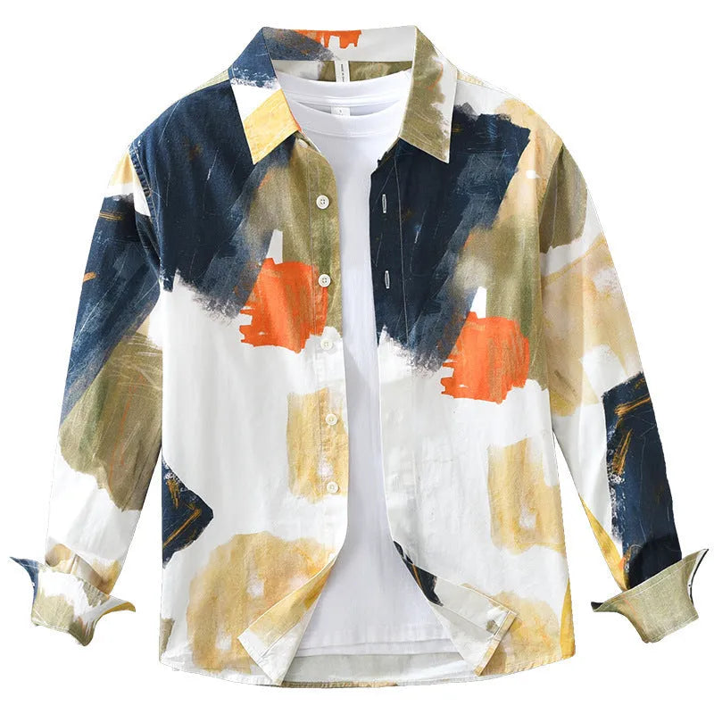 Casual loose top in artistic printed colour, cardigan style with long sleeves, cotton fabric.