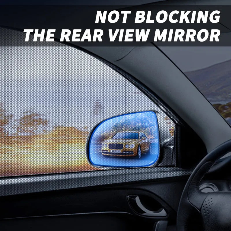 Car side window mesh sunshade showing non-woven fabric screen with elastic edge installation on vehicle window
