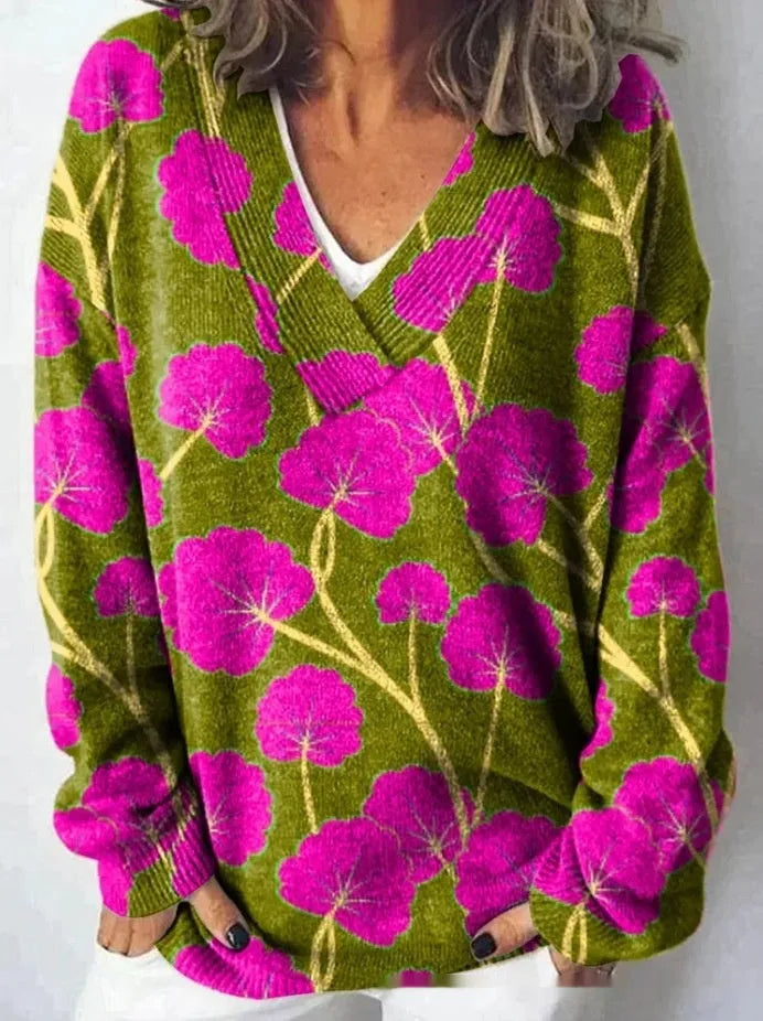 Women's retro V-neck sweatshirt with a detailed 3D floral pattern print in a choice of colours.