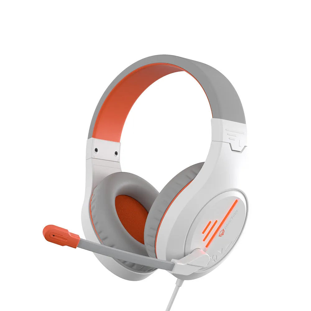 Wired gaming headset with orange and black earcups, adjustable headband, and 3.5mm cable