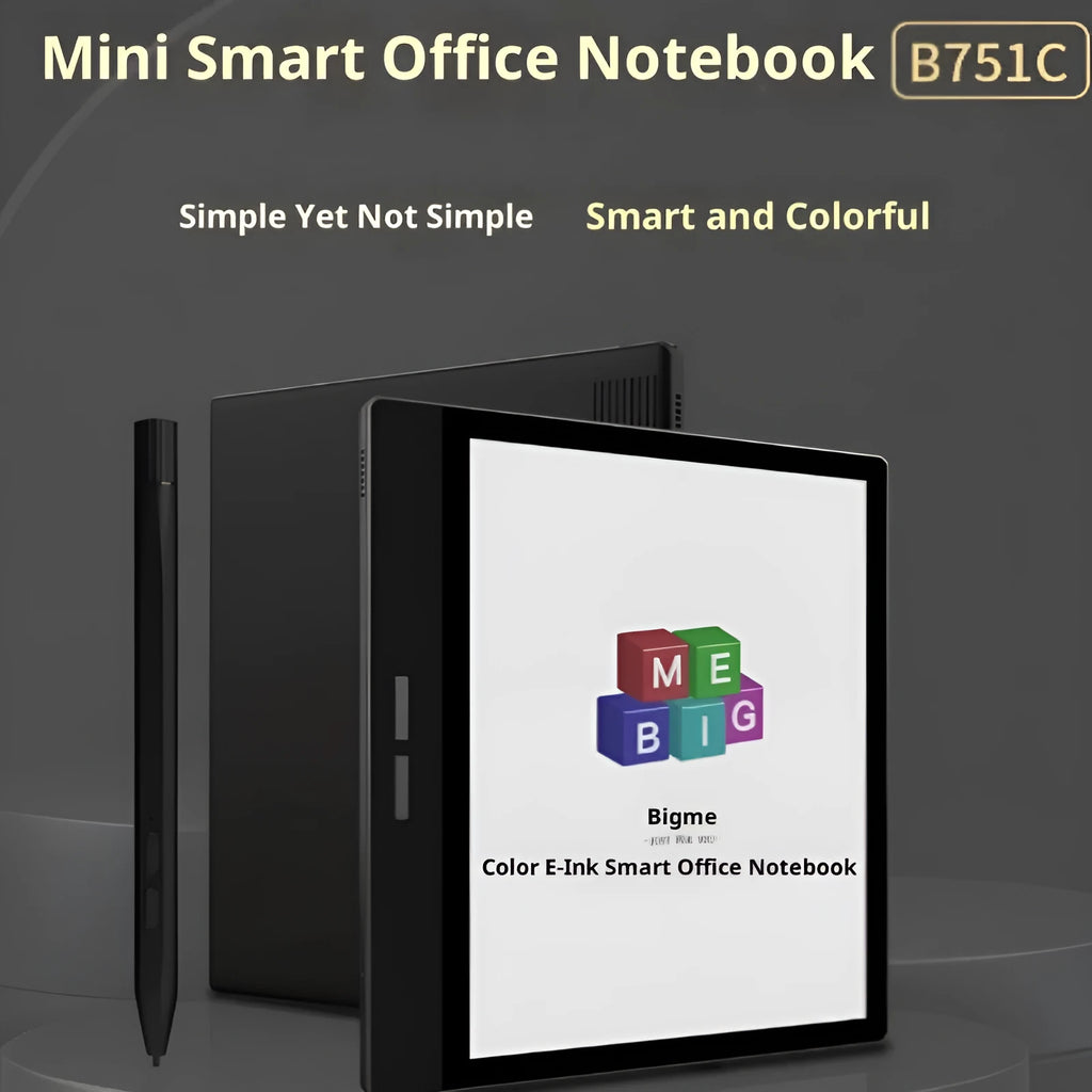Black 7-inch colour E-ink e-book reader with capacitive stylus on a desk