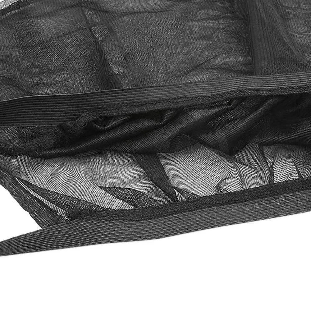 Car side window mesh sunshade showing non-woven fabric screen with elastic edge installation on vehicle window
