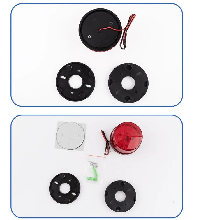 Small red warning alarm light with strobe flash, 73mm diameter, for 24V fire protection systems.