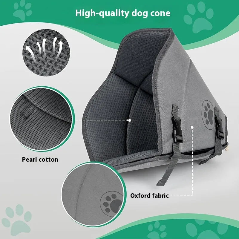 A white adjustable polyester recovery collar for pets, shown in sizes L, M, and XL.