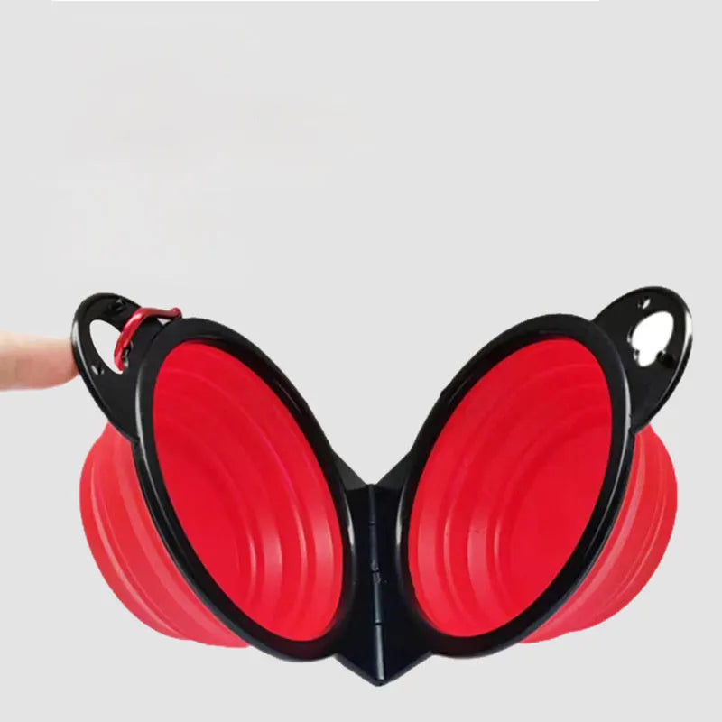 Blue folding silicone double pet bowl for dogs and cats, shown collapsed and unfolded.