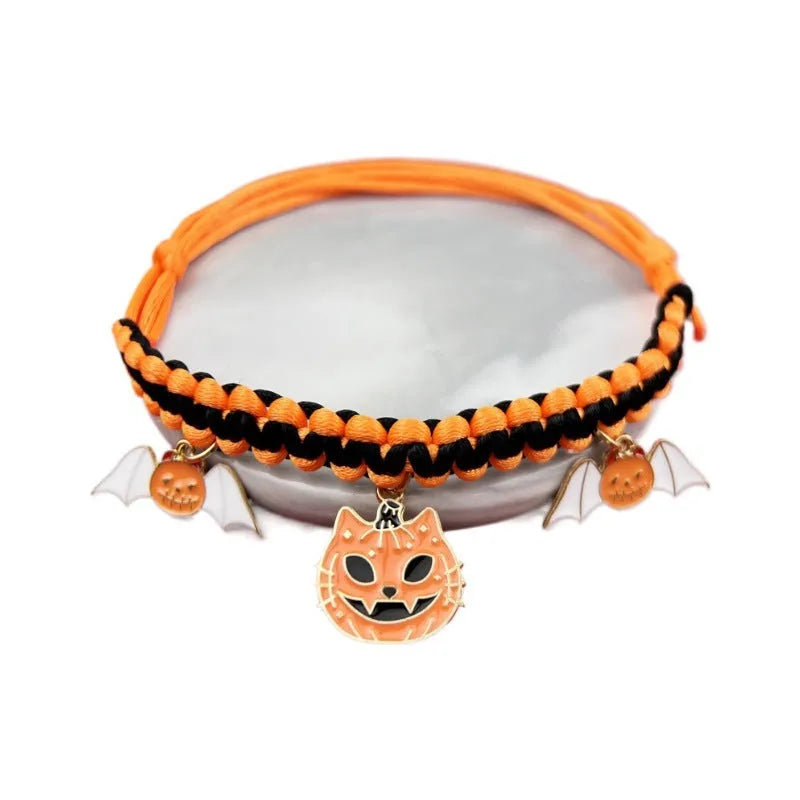 Halloween pet collar decoration with hand-woven zinc alloy geometric charm on adjustable collar